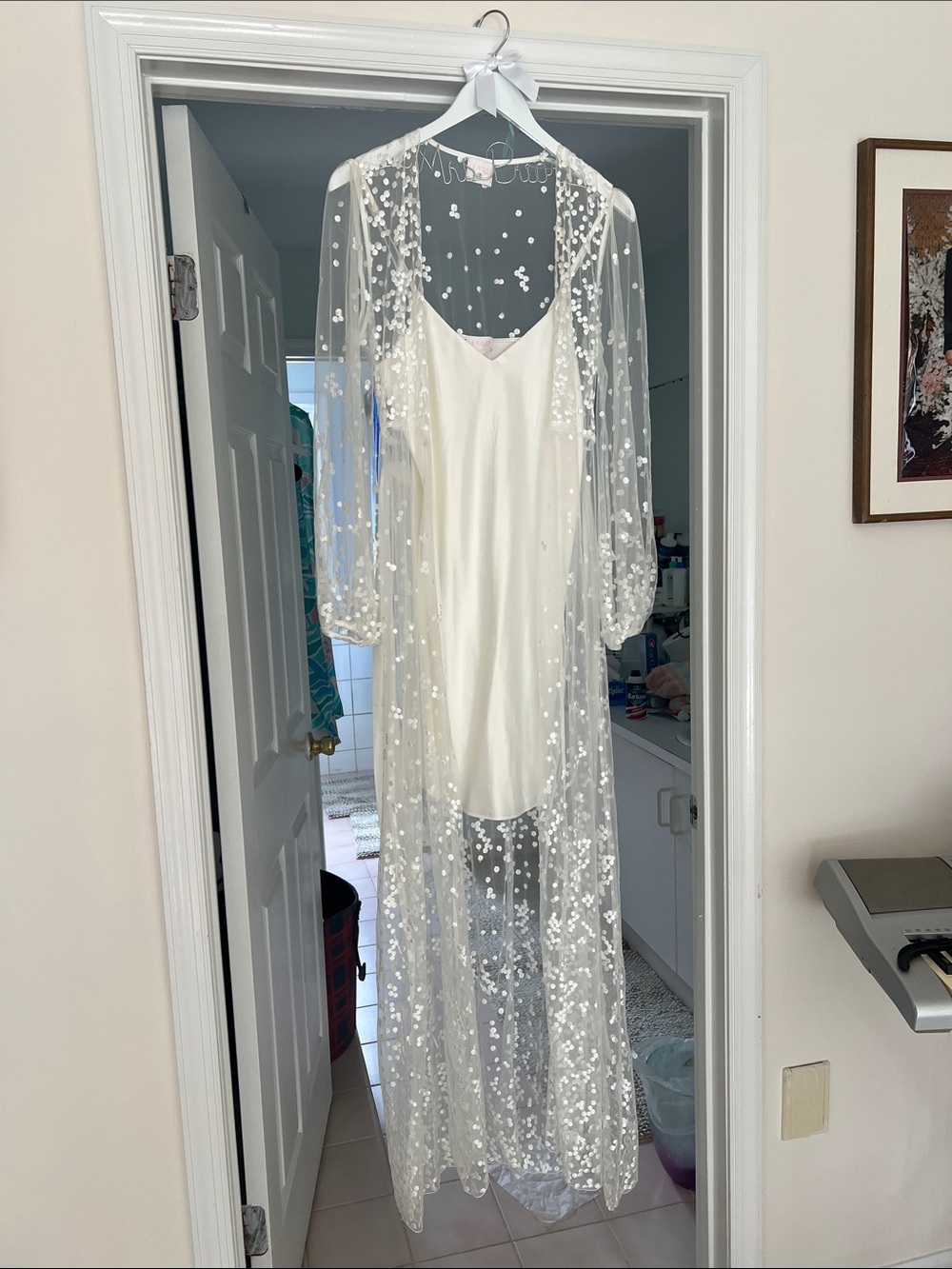 Sheer Embellished Long Robe with White Slip